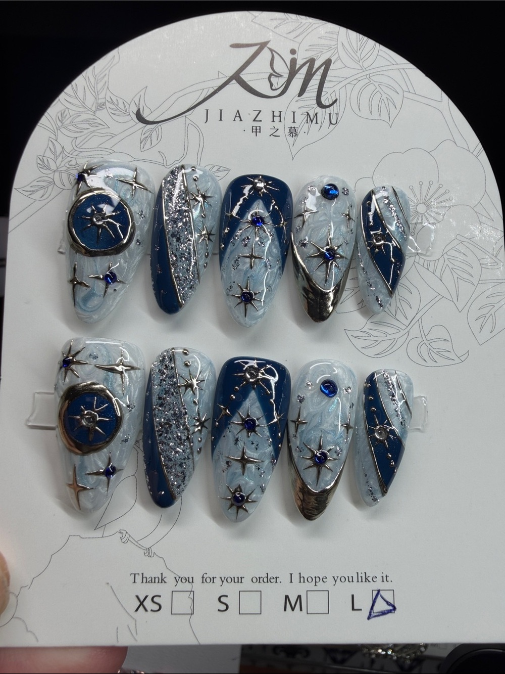 Navy & Silver Star Accent Press-On Nails